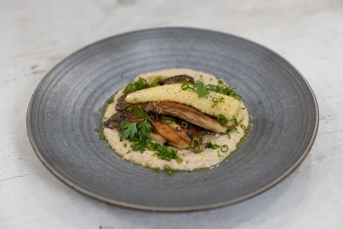 Grillezett polenta Fino Mozzamio vegán mozzarellával, laskagombával és fűszeres padlizsánkrémmel